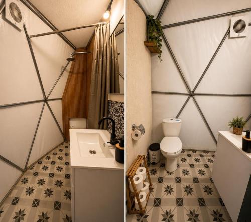two pictures of a bathroom with a toilet and a sink at AL-hakoura in Mas'ada