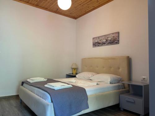 a bedroom with a bed with a blue blanket at Hotel Erviliano in Borsh