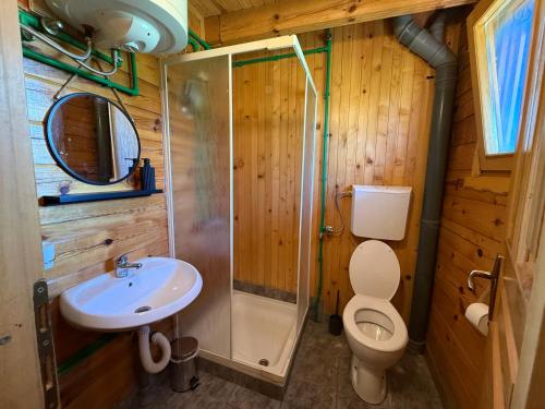 a bathroom with a toilet and a shower and a sink at Pine House - Holiday Home in Banja Luka