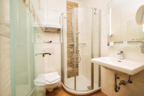 a bathroom with a shower and a toilet and a sink at Der Glaserhof - WaldZeitHotel in Lam