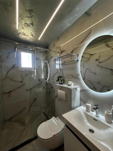 a bathroom with a sink and a toilet and a mirror at Ambasada Rooms in Sarajevo