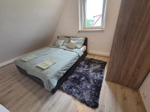 a bedroom with a bed with a rug and a window at Cozy Attic Apartment Koszalin in Koszalin