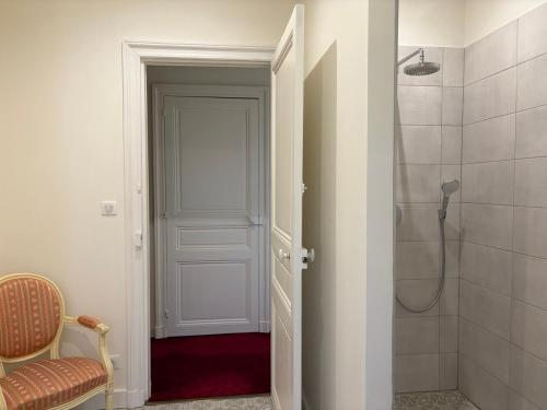 a bathroom with a shower and a white door at Château Saint Georges in Mauléon
