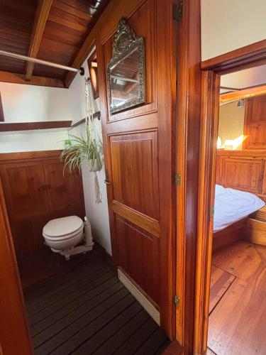 a small bathroom with a toilet and a sink at Argovia Dutch Barge in Brightlingsea