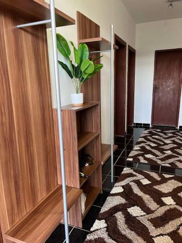 a room with wooden shelves and a potted plant at Studio apartman Delic in Podgorica
