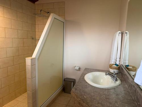 a bathroom with a sink and a shower at Honduras Shores Plantations in Tela