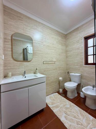 a bathroom with a sink and a toilet and a mirror at Miradouro 13 - Gerês in Geres