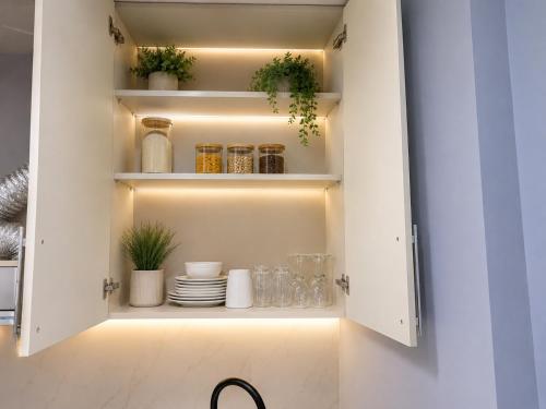 a cupboard with dishes and plants in it at Batumi - Seaside Stunning Apartment in Batumi