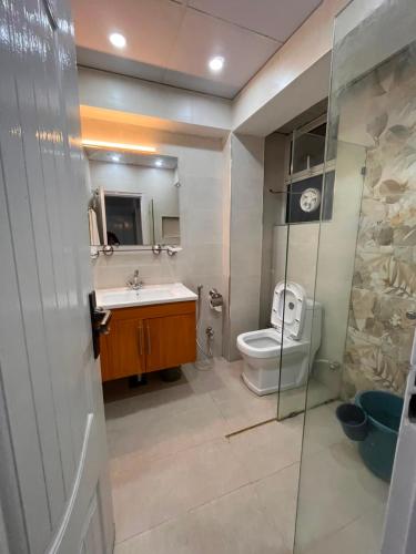a bathroom with a toilet and a sink and a mirror at Pine Cottage in Murree
