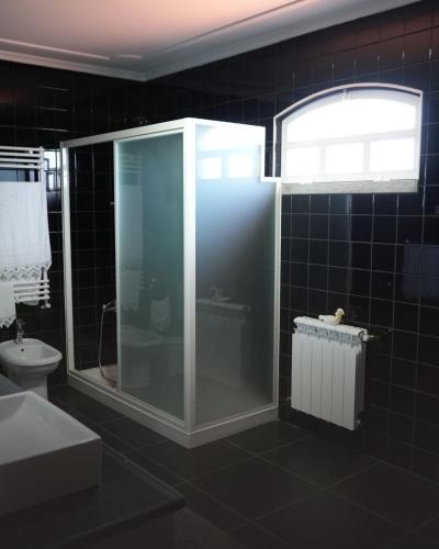 a bathroom with a glass shower and a toilet at Vivenda Varandas in Lagoaça