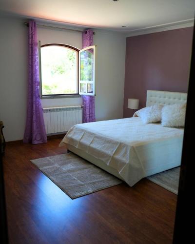 a bedroom with a bed and a window with purple curtains at Vivenda Varandas in Lagoaça