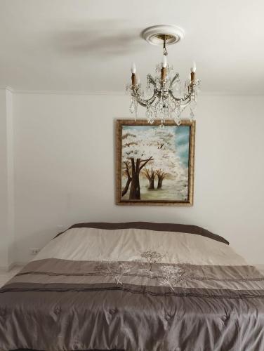 a chandelier hangs above a bed in a bedroom at Villa del Tesoro in El Poblado