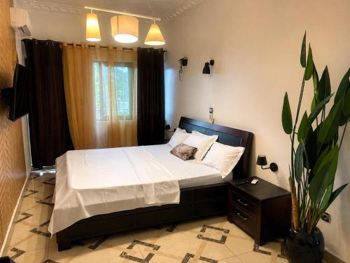 a bedroom with a bed with white sheets and a plant at Kaz An Nou in Cotonou