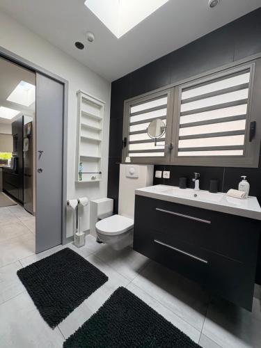 a bathroom with a white toilet and a sink at Fully-equipped house with pool in Grande Saline