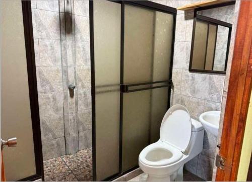 a small bathroom with a toilet and a shower at Ujarrás Getaway with Private Pool in Ujarrás