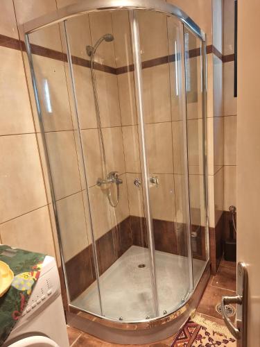 a shower with a glass door in a bathroom at Sunshine 2 in Leonidio