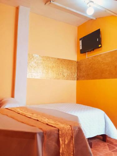 a bedroom with a bed and a tv on the wall at 1 BR Room 1 floor Cusco in Cusco