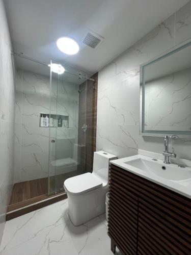 a bathroom with a toilet and a sink and a shower at Private Suite with Laundry in Sunset