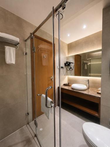 a bathroom with a shower and a toilet and a sink at Kiranshree Grand in Guwahati