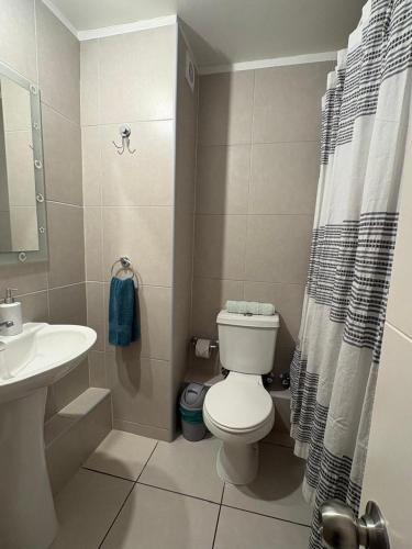 a small bathroom with a toilet and a sink at Hermoso depto. con estacionamiento in Los Ángeles