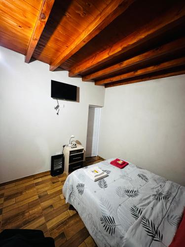 a bedroom with a bed and a flat screen tv at Salvita Hospedaje y Excursiones in El Peñón