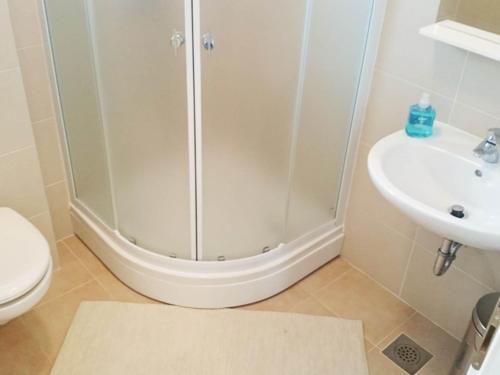 a bathroom with a shower and a toilet and a sink at Apartments Despot Zaostrog RL in Zaostrog