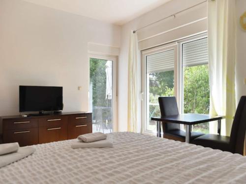 a bedroom with a bed with a television and a desk at Apartments Despot Zaostrog RO in Zaostrog