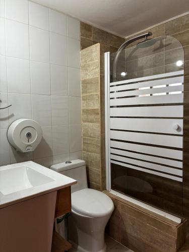 a bathroom with a toilet and a sink and a shower at Tambo Norte in San Pedro de Atacama