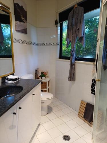 a bathroom with a sink and a toilet and windows at Garden Suite, self contained, Hunter Valley in Muswellbrook