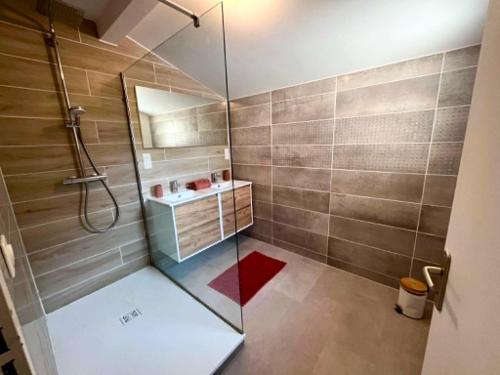 a bathroom with a shower and a red rug at La Petite Citadine Proche Futuroscope in Poitiers