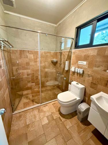 a bathroom with a shower and a toilet and a sink at 傳說民宿 Legend in Fenqihu