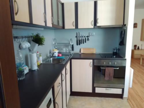 a kitchen with a sink and a stove at Geri Apartment in Burgas