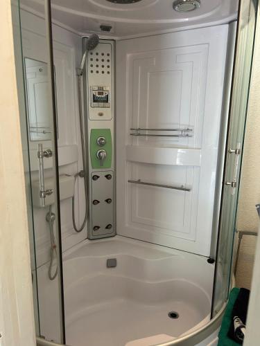 a small bathroom with a shower and a phone at Kuremaa Lake in Kuremaa