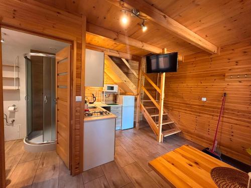 a kitchen with wooden walls and a tv in a cabin at CYKADY domki letniskowe Okuninka in Okuninka