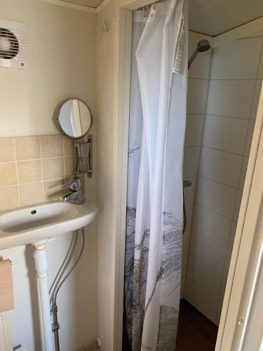 a bathroom with a shower and a sink at Havsutsikt in Ronneby