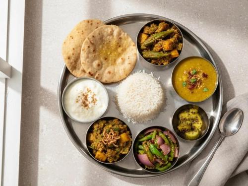 a plate of food with rice and different types of food at Narmada Gest House in Indore