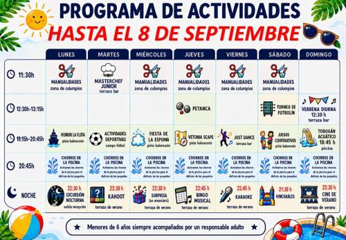 a calendar with the names of the resorts and attractions at Aldea Vetonia Resort Familiar- PISCINAS-4 Zonas infantiles y deportivas 4 ACTIVIDADES AL DIA HASTA EL 8 DE SEPTIEMBRE CON MONITORES "SE ACEPTAN MASCOTAS DESDE EL 28 DE AGOSTO" in Hervás