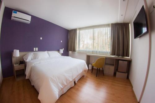 Leones的住宿－Hotel Posada Maestosso，卧室设有一张白色大床和一扇窗户。