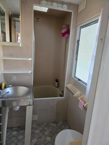 a bathroom with a sink and a bath tub at Le bungalow des champs in Saint-Georges-de-Reintembault