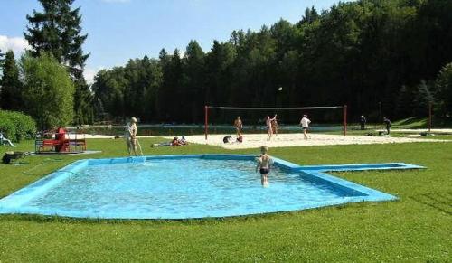 a group of people playing in a pool in a park at Chatová Osada Pohádka in Vazačka