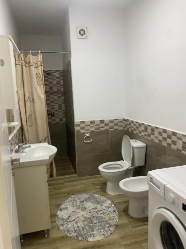 a bathroom with a toilet and a sink and a washing machine at ApartamentAbiBank in Elbasan