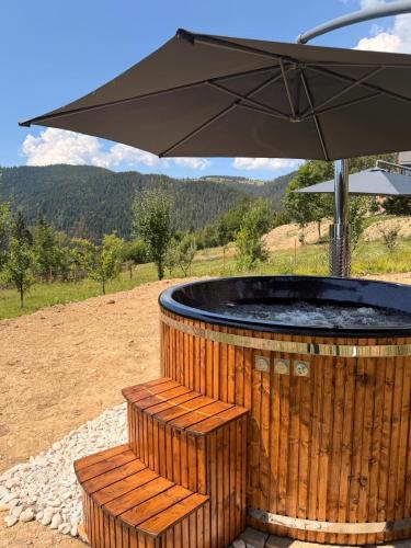 a hot tub with an umbrella and a bench at Apuseni Wood House in Mătişeşti