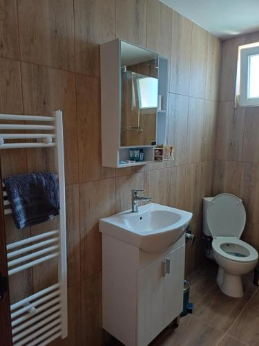 a bathroom with a sink and a toilet at Стаи за гости "Архангел Михаил" in Kostenets