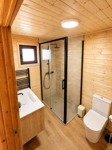 a bathroom with a shower and a toilet and a sink at Chalet O Refúgio 2 in Penhas da Saúde