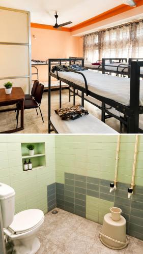 two pictures of a room with beds and a toilet at Mysore rooms- sgh in Mysore