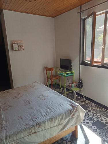 a bedroom with a bed and a desk with a computer at Le repaire des écureuils in Bourg-Argental