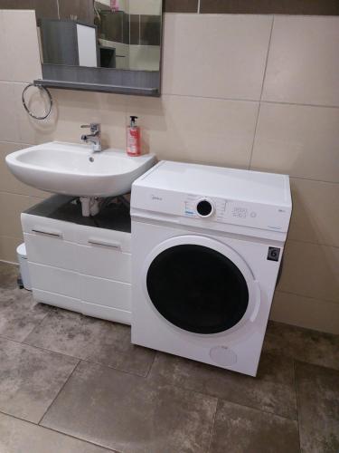 a washing machine in a bathroom next to a sink at Schöne Wohnung direkt am Bach in Neunkirchen am Sand