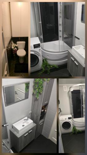 a collage of images of a bathroom with a toilet and sink at Cozy Stay Širvintos in Širvintos
