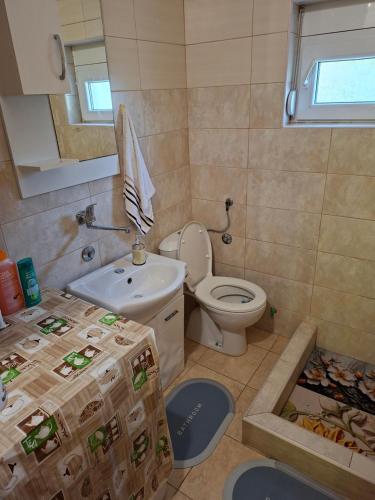 a bathroom with a toilet and a sink and boxes at Village house Tea in Virpazar