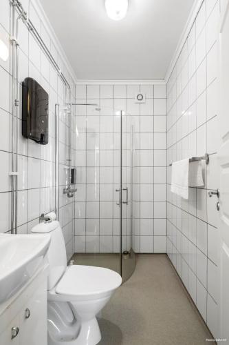 a bathroom with a toilet and a shower and a sink at Råda Hotel in Hagfors